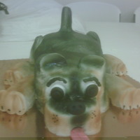 3 D Dog Cake Dog cake, 2 (2inch/8inch) cake and 2 (2inch/8inch) cakes, paws, snousel and tail made from rice crispies,