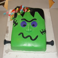 Frankenstein Bday Cake I made this for my nephews bday..with a little inspiration from another cake her on cc. This is my very first cake I covered in fondant.
