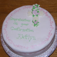 Confirmation Cake - Pink Rose White sponge with raspberry/white chocolate italian buttercream. Decorated in fondant and white chocolate