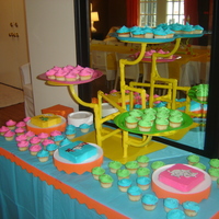Dr. Seuss' Whoville Treats Colorful cupcakes and three individual 6in square cakes decorated in Seuss character Color Flow. This was a joint birthday party for 3...