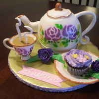 Tea Time The teapot was made of the Sports Ball Pan Set. The handle and spout was a combo of fondant and gum paste. The cup, saucer and roses were...