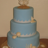 Beach Themed Wedding Cake Fondant covered dummy cake.White Chocolate Seashells.Sand is crushed graham crackers and brown sugar. Thanks SO much to pattiverde for the...