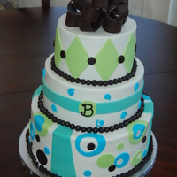 Reherseal Dinner Cake I made this for my brothers reherseal dinner. 10, 8, & 6 Choco cake with buttercreme icing, fondant accents. Thanks for looking