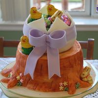 Easter Egg On Stump Had lots of fun doing this one! The "egg" is half of a cake baked in the sports ball pan then covered in MMF. I made the "...