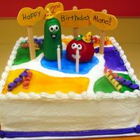Veggie Tales Cake I did this for my DD. It is a 2 layer 10" cake (I cheated and used boxed) covered in BC. The colors on top are tinted piping gel which...