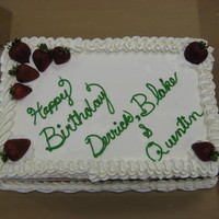 Strawberry Short Cake 1/2 sheet vanilla, torted and filled with fresh strawberries and strawberry whipped cream, topped with more whipped cream and strawberries...