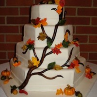 Fall Hexagon Cake Fondant with gumpaste branch, leaves, pumpkins and acorns. All hand painted. Bottom tier was spice with wt. choc. ganache, next was choc....