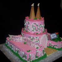 Pink Princess Castle Cake Pink Princess Castle Birthday cake for a 2 yr. old. This is cream cheese pound cake with buttercream icing and decorations. Ice Cream cones...