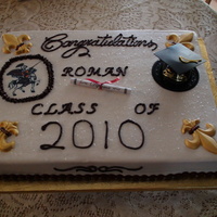 Highschool Graduation this is buttercream with candy molds used to make the corner decor and then sprayed with gold food spray the bottom border is m&ms