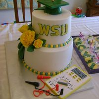 Graduation Cake 6 in and 8 in buttercream cakes. Fondant drape, chocolate grad cap, chocolate lettering and gumpaste volt meter. TFL Jen