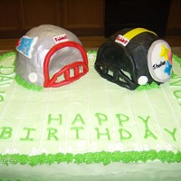 Football Birthday Party sheet cake with RKT helmets covered in fondant