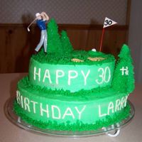 Golf Chocolate and white cake iced with buttercream, decorated with plastic little golfer and golf balls