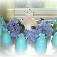 Hydrangea Bridal Shower Bridesmaids are Dark Chocolate/Red Velvet swirl with cream cheese filling. Bride is Yellow cake with Raspberry filling. All covered in...