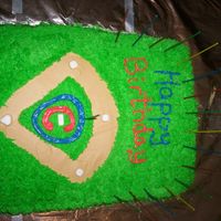 Baseball B-Day Cake this is chocolate and strawberry cake with buttercream icing. used grass tip for grass and made bases out of fondant.