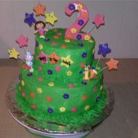 Dora Tiers 9 and 6" round, frosted in buttercream. Fondant decorations.