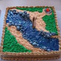 River Cake this is a choc cake with brown tinted buttercream icing. I used piping gel that i tinted blue for the water, fondant for the rocks and...