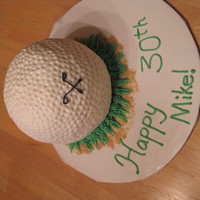 Golf Ball Birthday Cake Round ball pan cake, white buttercream, divits made with round end of fondant dowel tool, free hand golf clubs in black buttercream, grass...