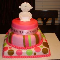 Baby Shower Cake With Baby Topper My first 3-tiered baby shower cake - my first 3 tiered cake. All fondant accents.