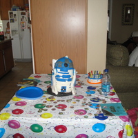 R2D2 Yellow cake with buttercreme icing and fondant accents.The arms are RKT