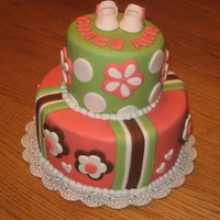 Grace Ann Baby shower cake designed to match the crib bedding mom had picked out. Booties made with help from template on this site.