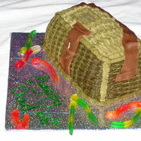 Fishing Creel Fishing Creel cake. Made from 2 cakes baked in bread pans. Basket weave and fondant latch and strap.