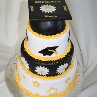 Graduation Cake Graduate requested a gold/black (school colors) grad cake with daisies! Tried Duff fondant for the black- won't be doing that again!...