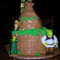Shrek Swamp Tree House Shrek's house in the swamp for my nephew's birthday. White cake dyed green with chocolate filling. Covered in mmf. Store bought...