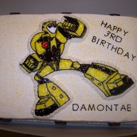 The Bumblebee Transformer I made this cake for my girlfriends son's 3rd Birthday. He loved it.