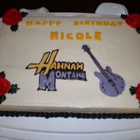 Hannah Montana This is a hannah montana cake i made for my little cousin who is obsessed. It is a vanilla cake with vanilla icing and a chocolate transfer...