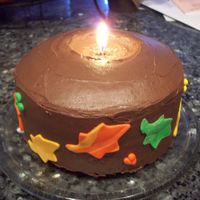 Thanksgiving Candle Chocolate cake with chocolate frosting and fondant leafs. First attemp at a candle cake. It turned out ok.