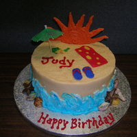 Beach Cake 2- 8 inch WASC, buttercream icing, fondant towel, sand buckets & flipflops. Chocolate shells and sun. Thanks for looking