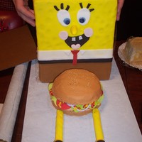 Spongebob Spongebob made out Rice krispy Treats. The crabby patty was butter cream and fondant accents. I wanted to get a picture before I had to...