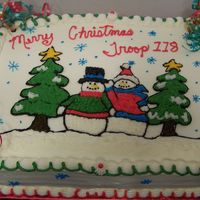 Snowman Christmas Cake Made for me DS scout troop Christmas partyt. Red velvet cake with cream cheese frosting. Got to give a big thank you to Cakery for the...