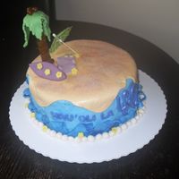 Hawaiian Birthday MMF surfboard, palm tree, towel, flip flops and flowers. The letter says 'Happy Birthday' in Hawaiian.Banana cake, whipped cream...