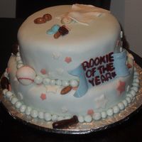 Rookie Of The Year Sports theme baby shower cake. Sports balls are in MMF and baby is gum paste.