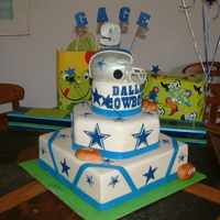 Dallas Cowboys This was for a nine year old boy who is a super fan of the Dallas Cowboys. The helmet is made from rice krispy treats and covered with MMF...