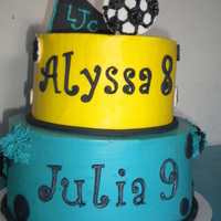 Cheer/soccer For two girls celebrating their birthday together, one cheers, the other plays soccer...SMBC with satin ice accents