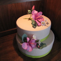 Display Cake With Gumpaste Floral Arrangement Two tier fondant covered display cake with gumpaste hibiscus flower sprays.