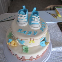 Baby Boy Shower Two tier WASC cake filled with apricot/pineapple jam. Iced in buttercream and covered in fondant. Gumpaste and fondant details. This cake...