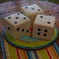 Bunco Dice Butter cream iced squares with fondant dots. Board is iced in buttercream and then hand painted to coordinate with party napkins and plates...
