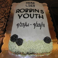 Over The Hill Tombstone Chocolate fudge cake with vanilla buttercream frosting. Letters are cut out of fondant with the cricut cake machine.