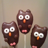 Hootie Cake Pops Owls are made with oreo delite on inside and dipped in melted chocolate. Ears are chocolate chips attached before dipping. Eyes are candy...