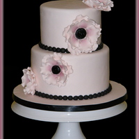 Pink And Black Anemone Wedding Cake Two tier small wedding cake. Covered in fondant with handmade gumpaste anemones.
