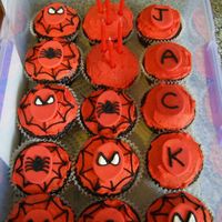 Jacks Spiderman Cupcakes Chocolate cakes, BC icing with fondant discs.