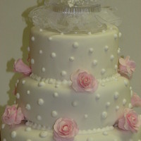 Anniversary Cake With Pink Roses This was white fondant with royal icing dots and gumpaste pink flowers.