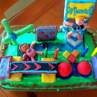 Wipeout! Boy 5Th Birthday Cake Vanilla cake (swirled with blue), buttercream green frosting, lining of the water is white frosting to make the raspberry jello pools stand...