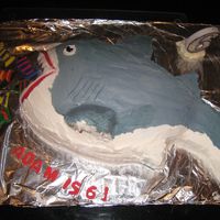 Shark Cake Wilton football pan, fondant mouth and teeth, buttercream the rest!