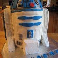 R2D2 Cake 6' round cakes stacked, half wilton soccer ball for head, RKT for arms and foot, covered with satin ice.