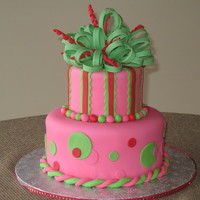 Surprise Present Cake Cake was for a 3rd Birthday party with Christmas color theme and hot pink. Covered in fondant and gumpaste bow and decorations.