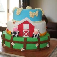 Down On The Farm Our son's 1st birthday cake. It is a three tier farm theme. Top and bottom tier svanilla with white buttercream, middle tier chocolate...